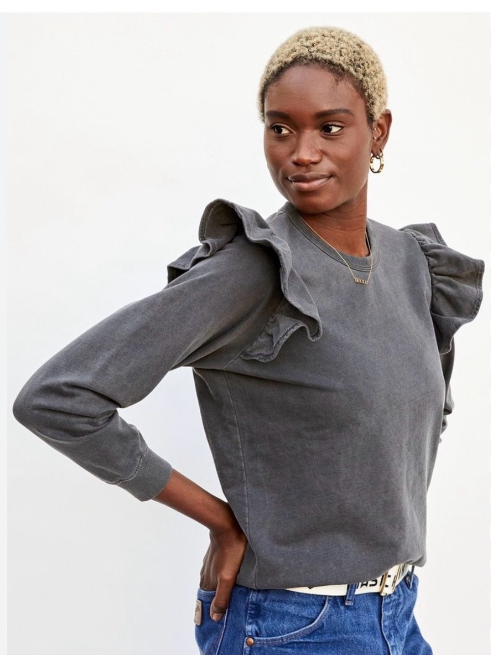 Clare V. Washed Gray Ruffle Sweatshirt